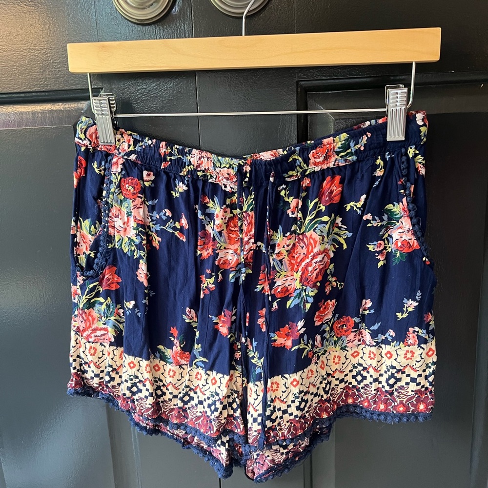 Angie Floral High Waist Shorts - Navy and Red